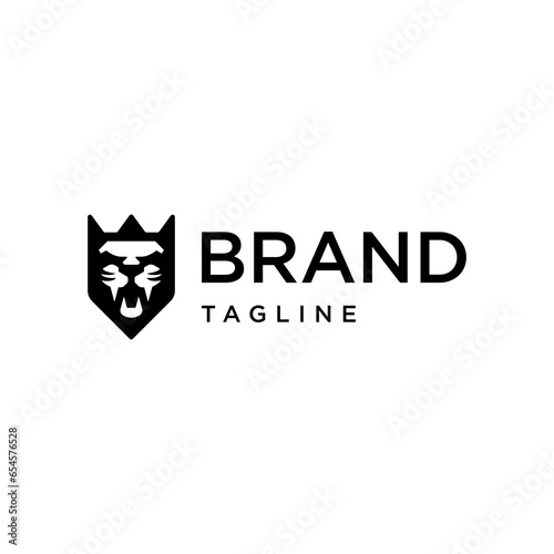 angry lion head with shield logo vector design template in isolated white background