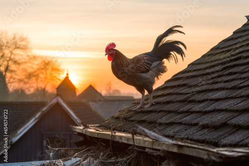 Fotografija Rooster crowing on top of an old barn's roof at dawn
