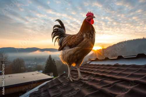 Rooster crowing on top of an old barn's roof at dawn Fototapeta