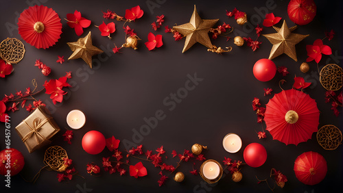 Christmas background with red and gold decorations. candles. paper lanterns. gift boxes and flowers.