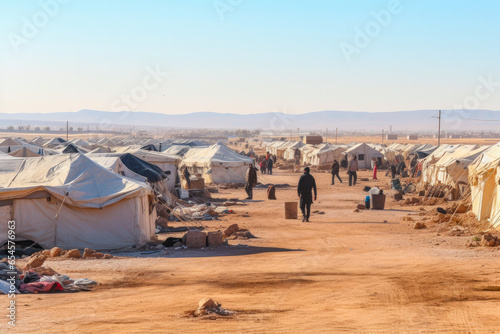 Refugee crisis concept: Vast refugee camp in desert with makeshift tents, a barren desert landscape, feeling of desperation and displacement