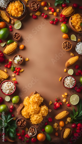 Mexican food ingredients on brown background. Top view. copy space