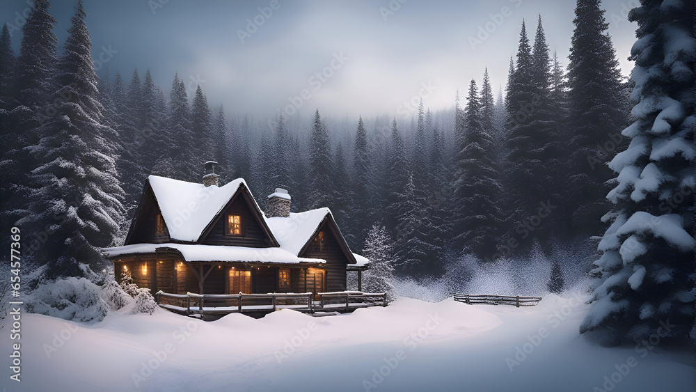 Winter cottage in the mountains. Wooden cottage in the mountains. Winter landscape.