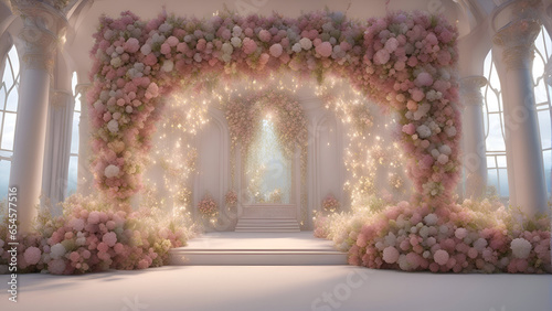 3d render of wedding arch decorated with pink and white flowers. © Waqar
