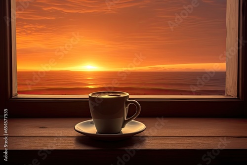 cup of coffee on the window with a view of the sunrise