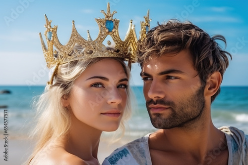 young adult woman and man with fictional headdress and disguise, summery, prince and king, princess and queen, summer vacation on the sandy beach by the sea, love and in love