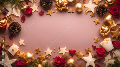 Top view of christmas decorations on pink background with copy space.