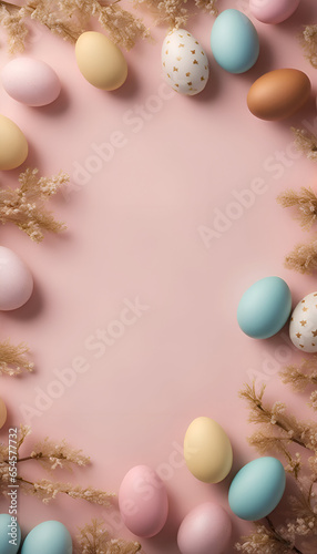 Easter eggs and flowers on pastel pink background with copy space