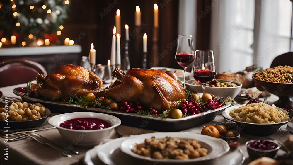 Traditional Christmas table with roasted turkey. garnished with cranberries and walnuts