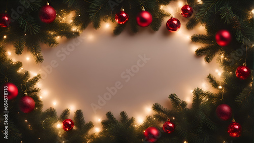 Christmas background with fir tree branches and red baubles. Top view with copy space