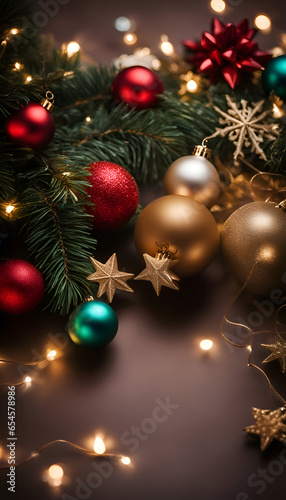 Christmas and New Year holidays background. Festive decoration with bokeh lights