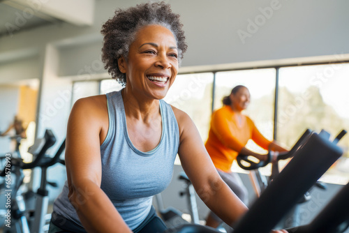 Middle aged African American woman on stationary exercise bike at gym, maintaining a healthy lifestyle, focused on exercises