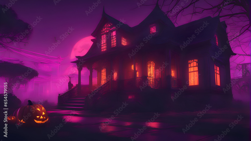 Halloween background with haunted house. pumpkins and foggy moon