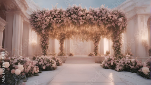 Wedding arch decorated with flowers. Wedding ceremony. 3d rendering