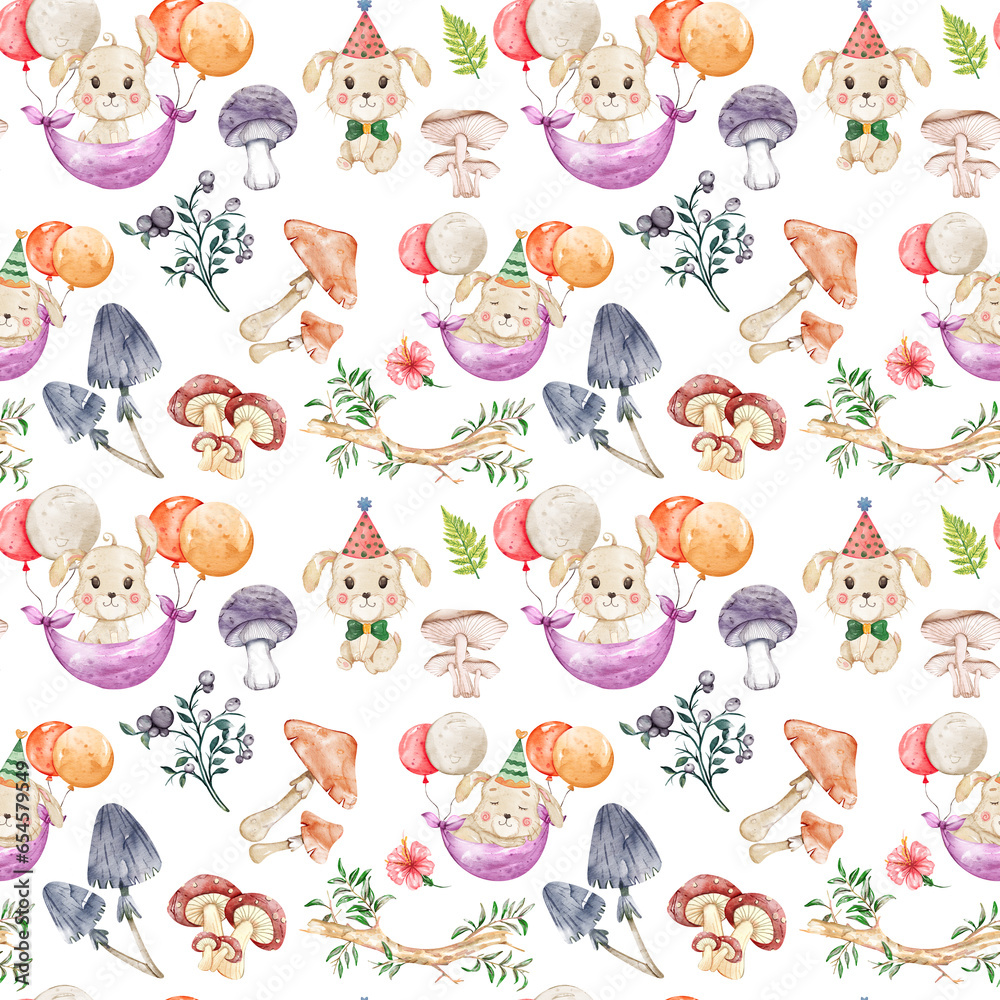 Fototapeta premium Woodland Watercolor seamless pattern, Woodland Nursery Decor, Cute Woodland Animals illustration, Watercolor illustration, Clipart For Kids. 
