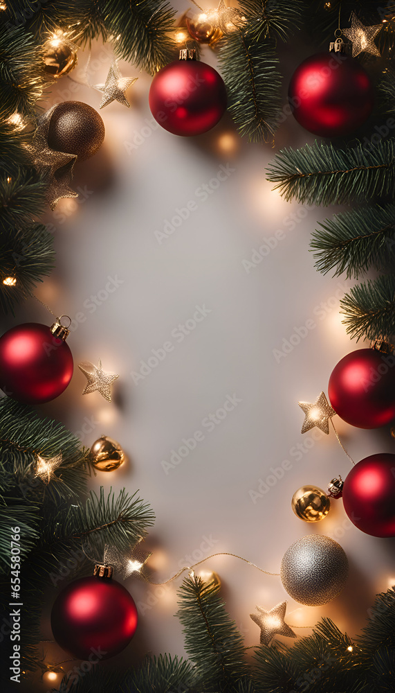 Christmas background with fir tree branches. red and silver balls and garland. Top view.