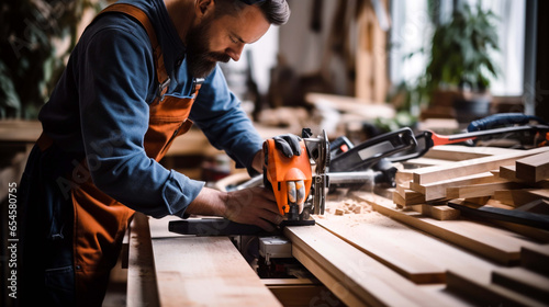 Close up of focused carpenter holding ruler and pencil while making marks on the wood at the table in the workshop