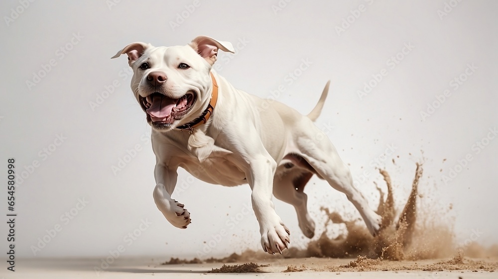dog running on white background, happy pitbull dog jumping without