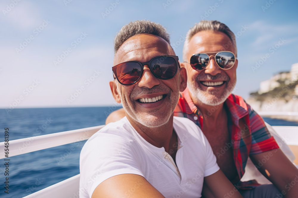 Friends or LGBTQIA couple on boat, summer water vacation