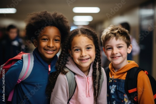 Group portrait of young and diverse kids in a middle school hallway