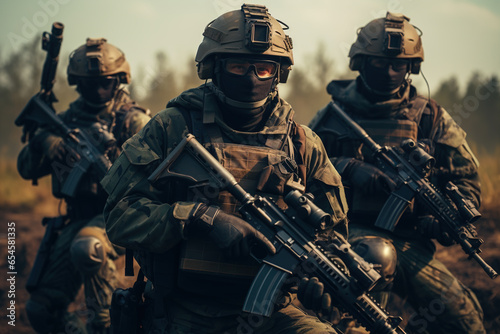  squad of soldiers in uniform with helmets and machine guns photo