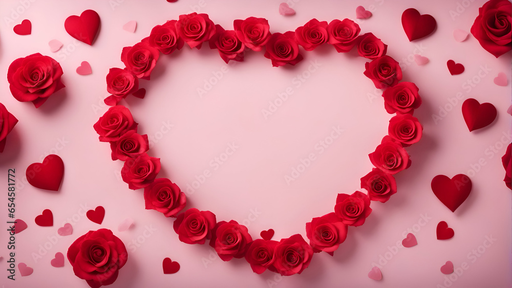 Valentines day background with red roses and hearts on pink background