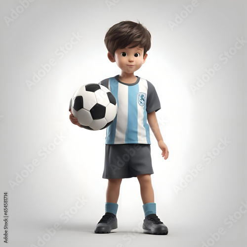 3d illustration of a little boy with soccer ball over gray background