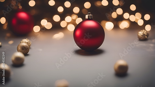 Christmas background with red baubles and golden bokeh lights