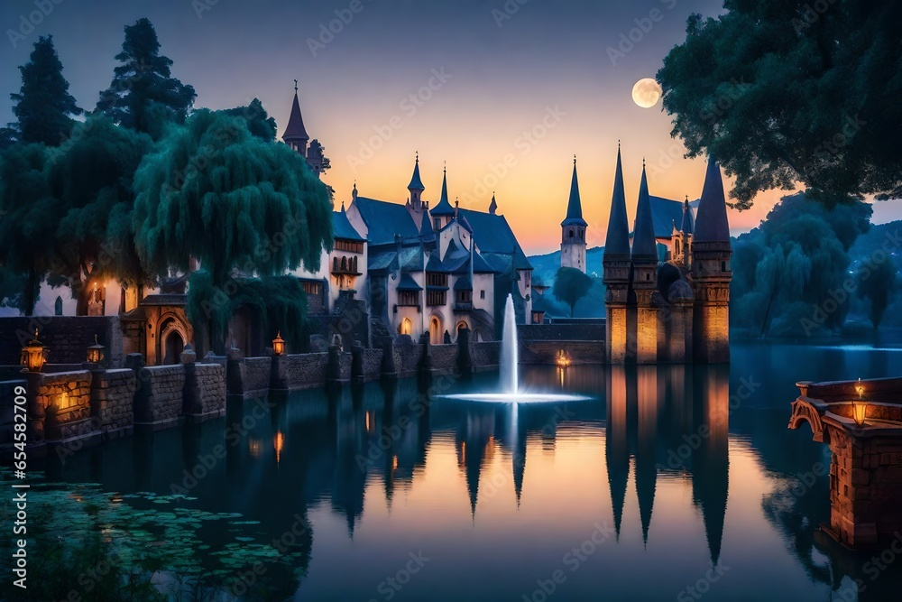 Medieval town amidst a lake with a fountain of a goddess illuminated by moonlight - AI Generative - obrazy, fototapety, plakaty 