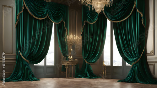 Classic interior with royal green velvet curtains and golden furniture. 3d render