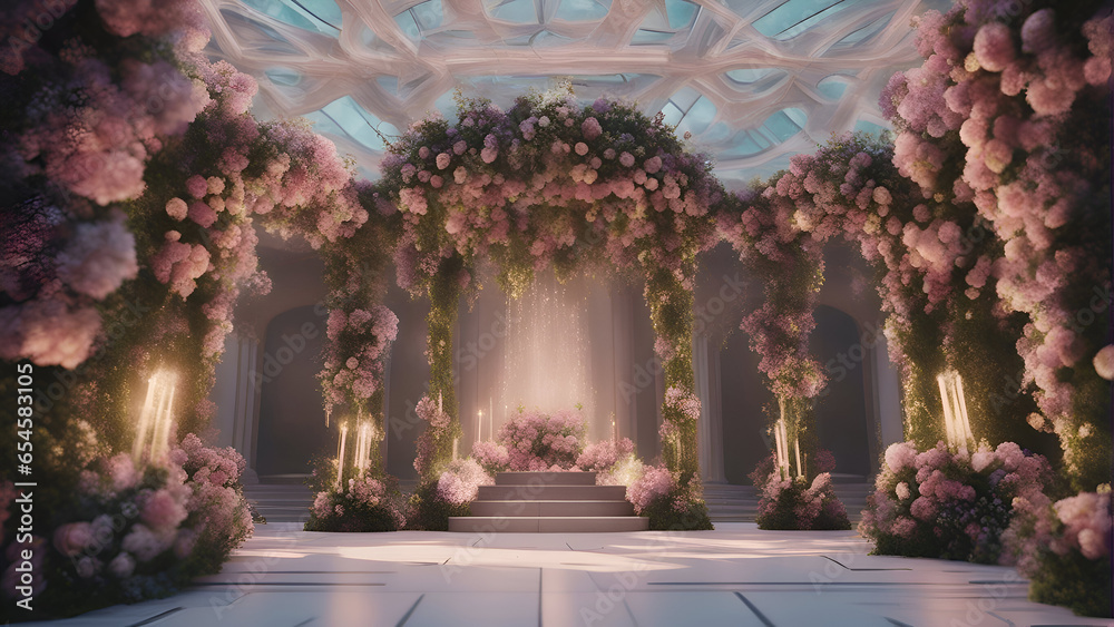 3d rendering of a wedding archway with flowers and lights.