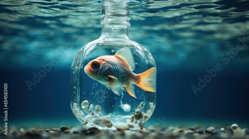 A goldfish trapped in a light bulb underwater, symbolizing nature's constraints amid human innovation and waste.