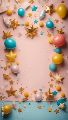 Colorful balloons. confetti and stars on pastel pink background