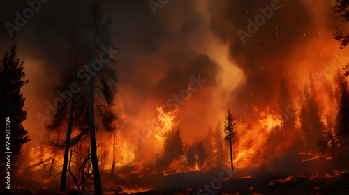 Depict a dramatic and intense scene of a forest fire. Visualize towering trees engulfed in raging flames, their branches crackling and the air filled with smoke. 