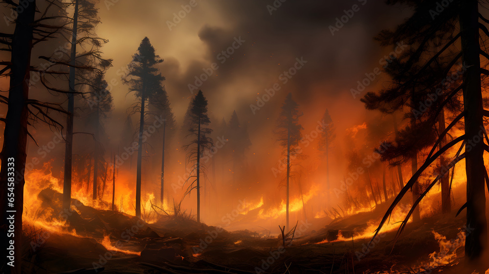 Depict a dramatic and intense scene of a forest fire. Visualize towering trees engulfed in raging flames, their branches crackling and the air filled with smoke. 