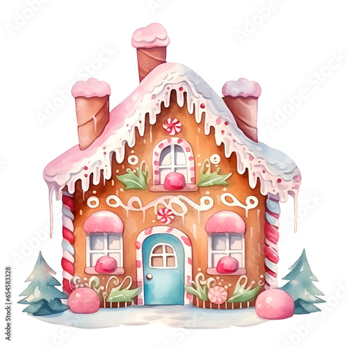 Watercolor Christmas festive gingerbread cute house with pink and white icing, decorations, ornaments, trees in snow scene, isolated on white background, winter season, holiday