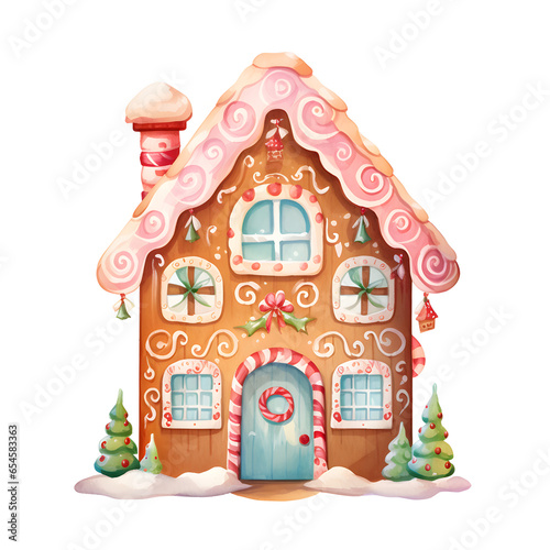 Watercolor Christmas festive gingerbread cute house with pink icing, blue windows, ornaments, wreath and trees in snow scene, isolated on white background, winter season, holiday