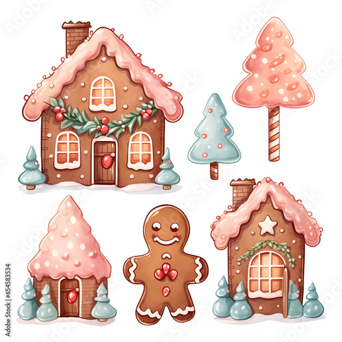 Set watercolor Christmas festive gingerbread house with pink frosting and icing, gingerbread man, decorations, cookies, pink trees isolated on white background, winter season, holiday