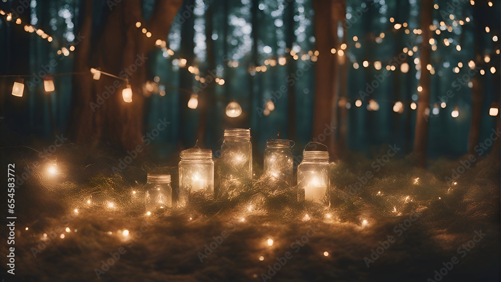 Christmas lanterns in the forest at night with bokeh lights - obrazy, fototapety, plakaty 