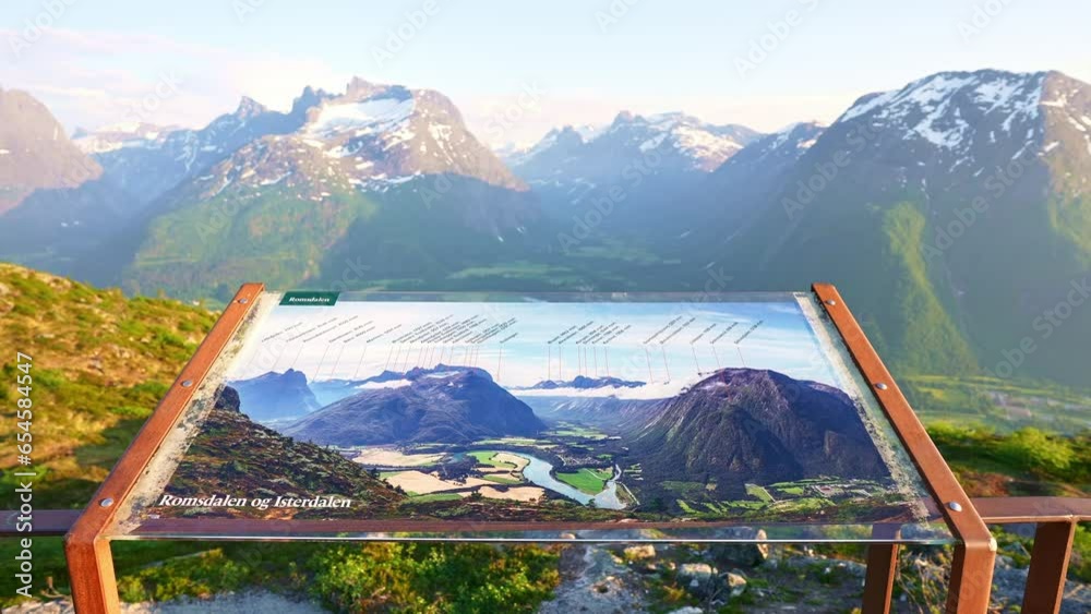 Map of mountain peaks at Romsdalen Gondola summit observation deck. Trollstigen Norwegian fjord mountains. Norway summer tourism destination.