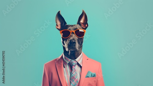 Abstract portrait of a animal dressed up as a man in elegant pastel pink suit. A human size dog in suit on blue background. © Creative Photo Focus