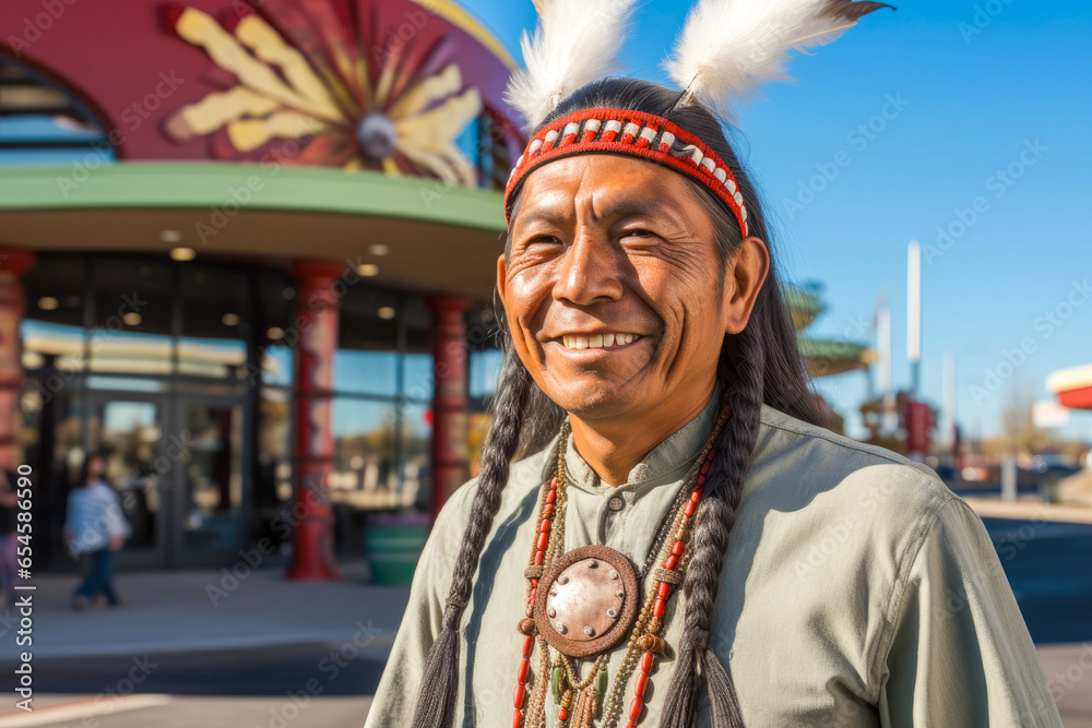 Portrait of a Native American, posing in front of a casino
