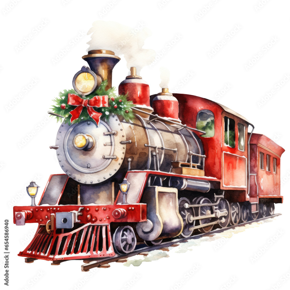 Сhristmas train isolated on a transparent background, watercolor style