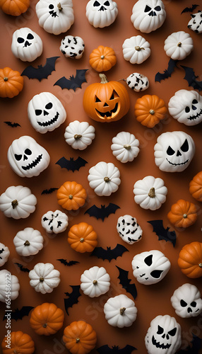 Halloween background with pumpkins. bats and spiders on orange background