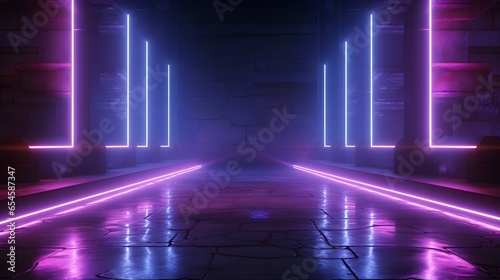 Futuristic Sci-Fi Modern Empty Stage Reflective Concrete Room With Purple And Blue Glowing Neon Tubes Shape Empty Space Wallpaper Background