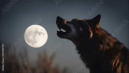 Silhouette of wolf howling in front of the full moon