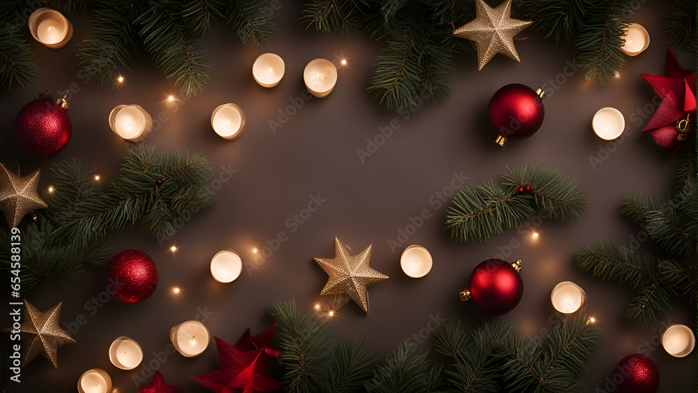 Christmas background with fir branches. red and gold balls and garland lights