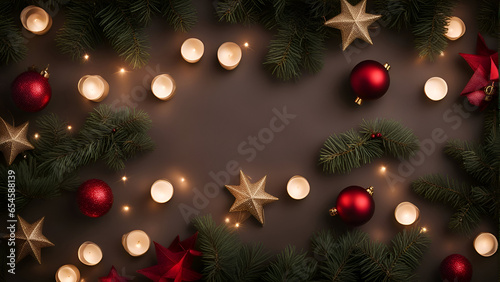 Christmas background with fir branches. red and gold balls and garland lights