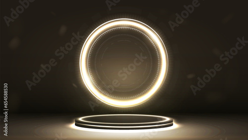 3d empty neon bright glowing podium with a shiny frame in black and gold on a dark background.