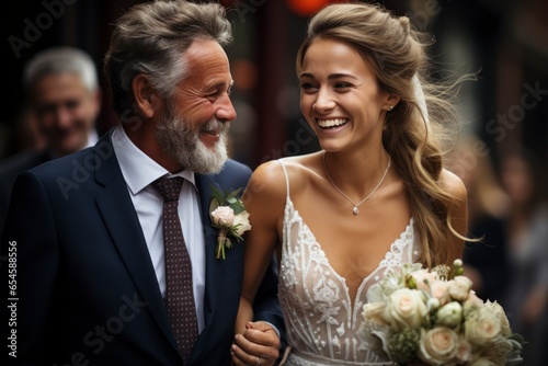 A heartwarming moment of the father of the bride giving his daughter away at the ceremony, with tears of joy in their eyes photo